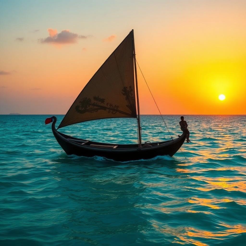 Dhow al tramonto sull'Oceano Indiano