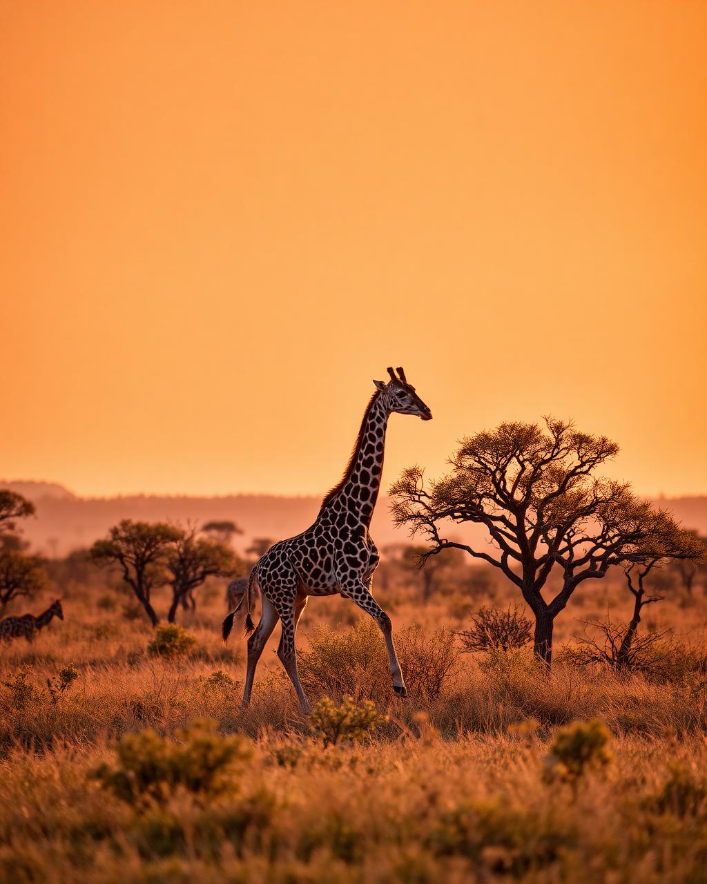 Giraffa nella savana all'alba